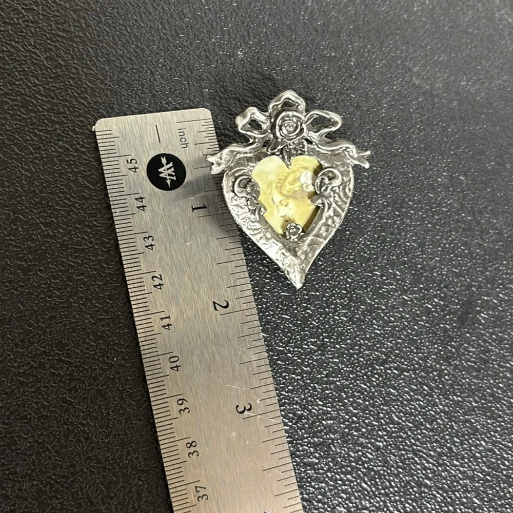 Vintage Taiwan Floral Bow Heart Pewter Picture Frame Brooch